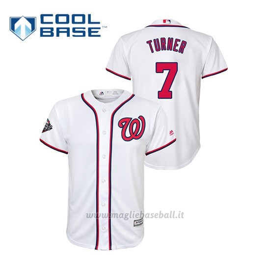 Maglia Baseball Bambino Washington Nationals 7 Trea Turner 2019 World Series Bound Cool Base Bianco
